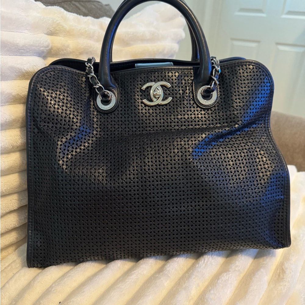 Chanel Black Leather Satchel with Perforated Design